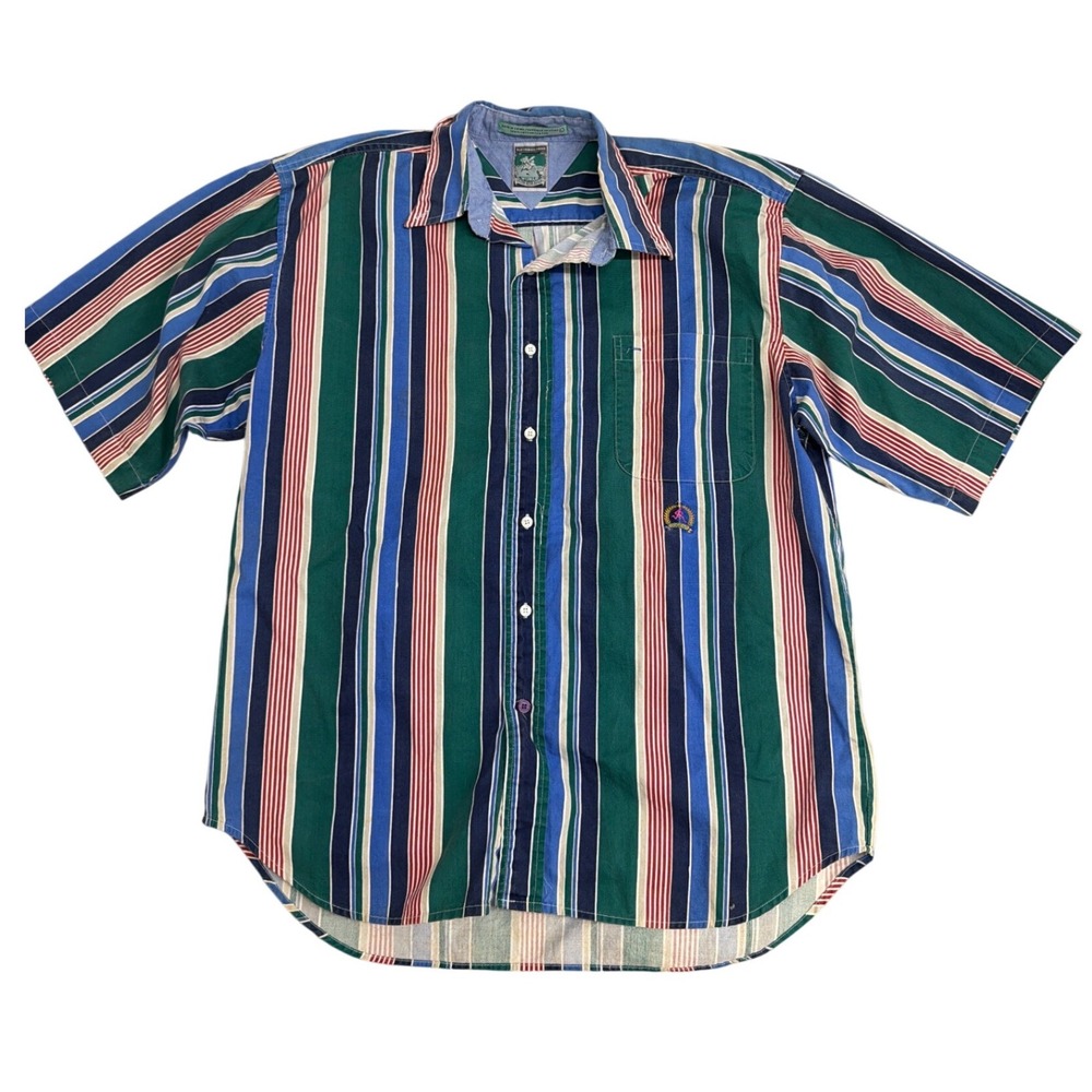 McIntosh & Seymour Mens Large Striped Short Sleeve Button Down Shirt Soccer Logo